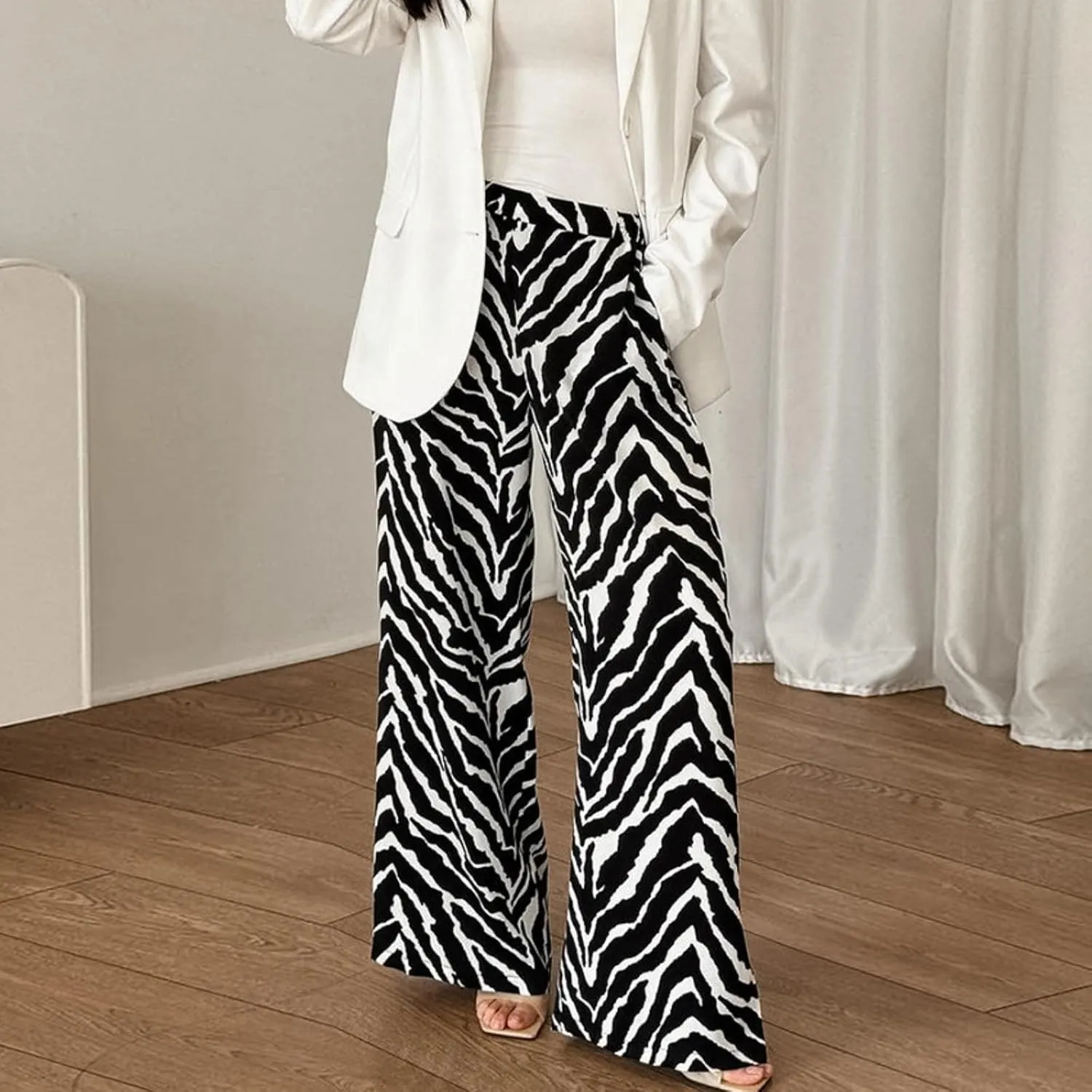 Zebra Print Pants for Women, Lightweight High Waist Draped Wide Leg Pants with Pockets, Casual Loose Fit Trousers