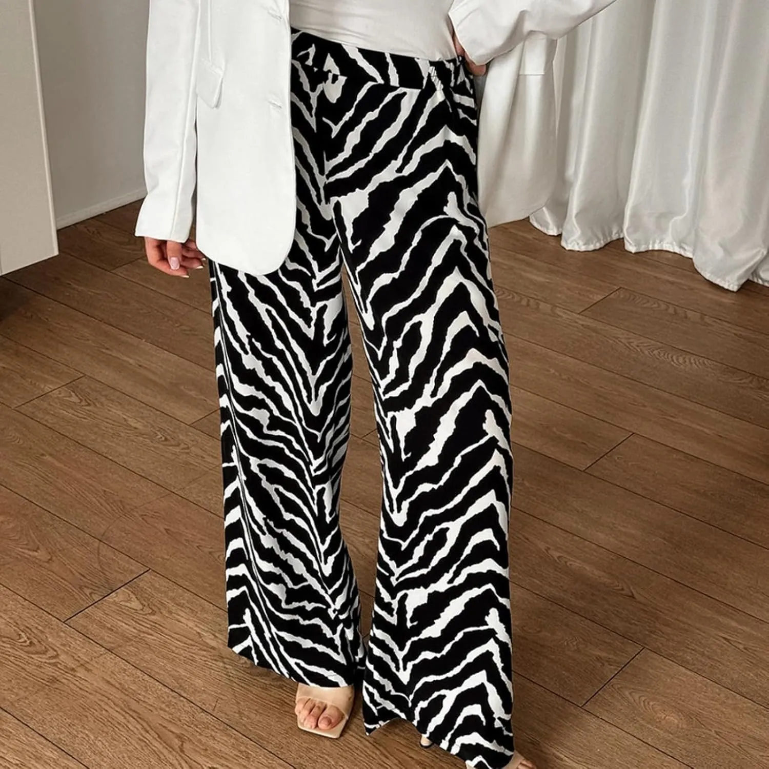 Zebra Print Pants for Women, Lightweight High Waist Draped Wide Leg Pants with Pockets, Casual Loose Fit Trousers
