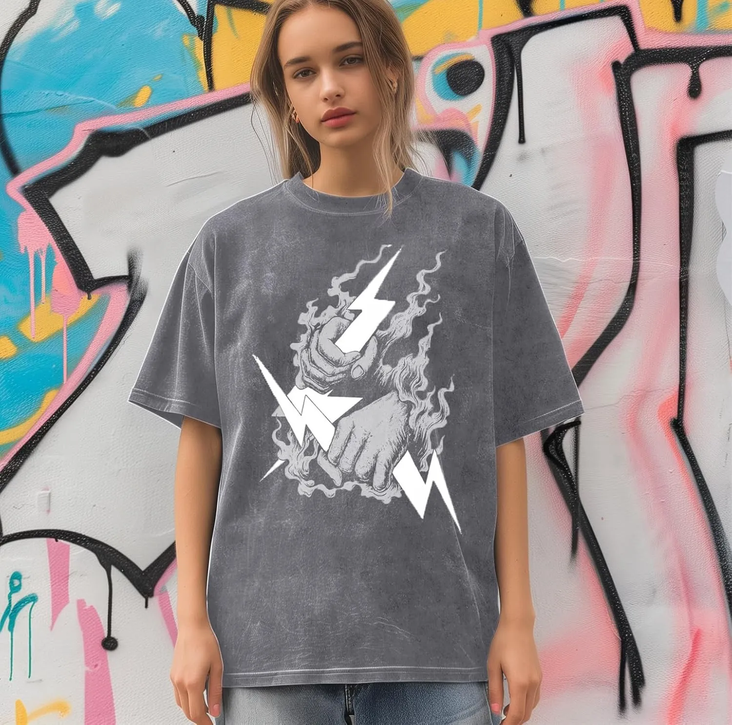 Zeus-Mens Cotton Wash Solid Oversized T-Shirts for Streetwear Graphic Tees Baggy Hip Hop Unisex Tee Tops