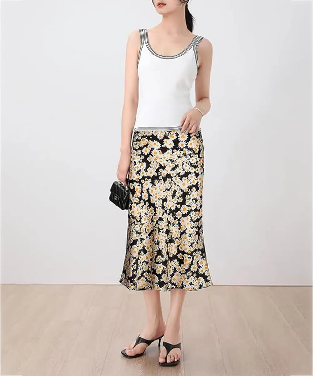 ZWSYXL Ladies Leopard Print Skirt High Waist Elastic Silk Satin Midi Skirt Spring Casual Mid-Length Cheetah A Link Skirts