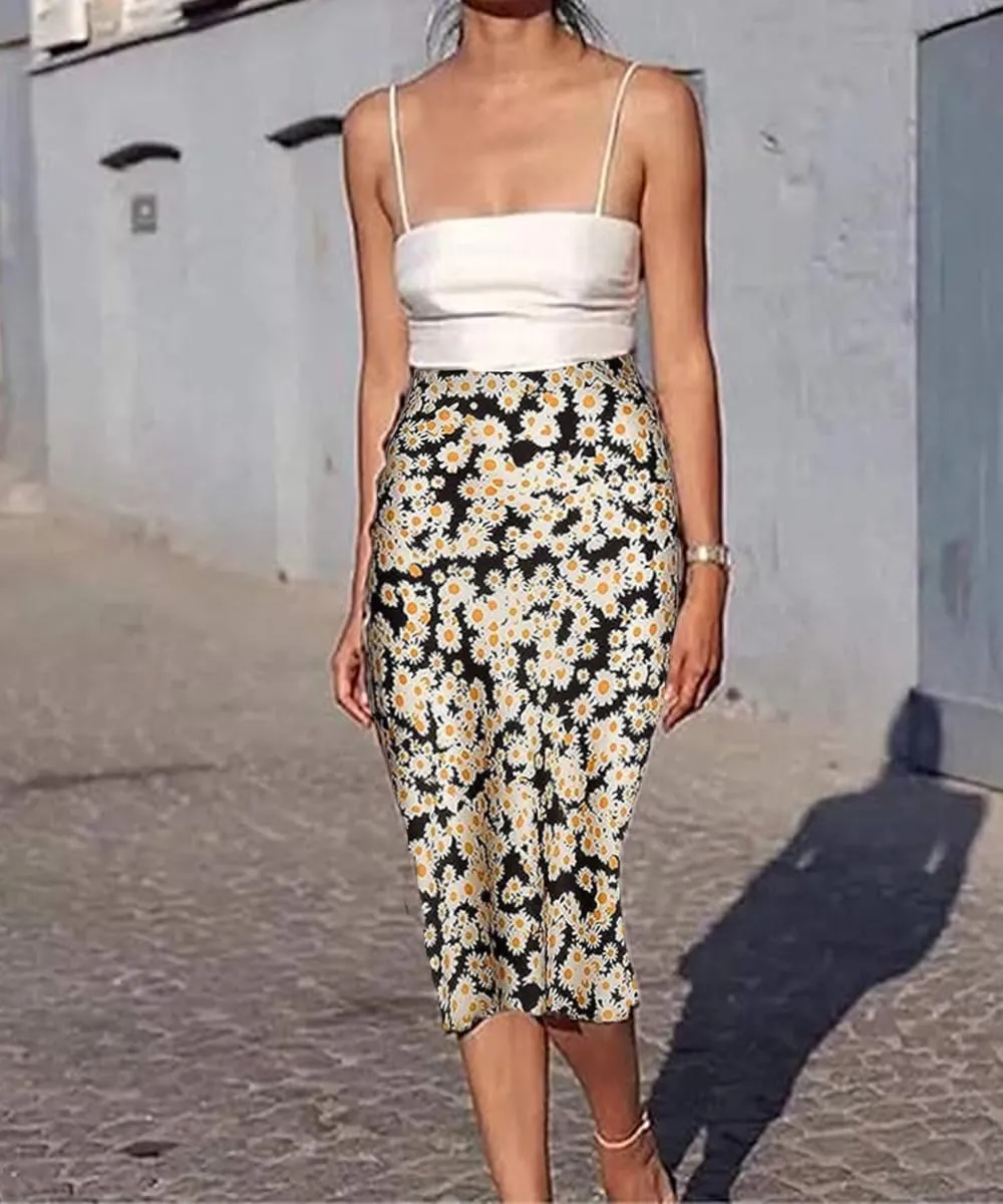 ZWSYXL Ladies Leopard Print Skirt High Waist Elastic Silk Satin Midi Skirt Spring Casual Mid-Length Cheetah A Link Skirts